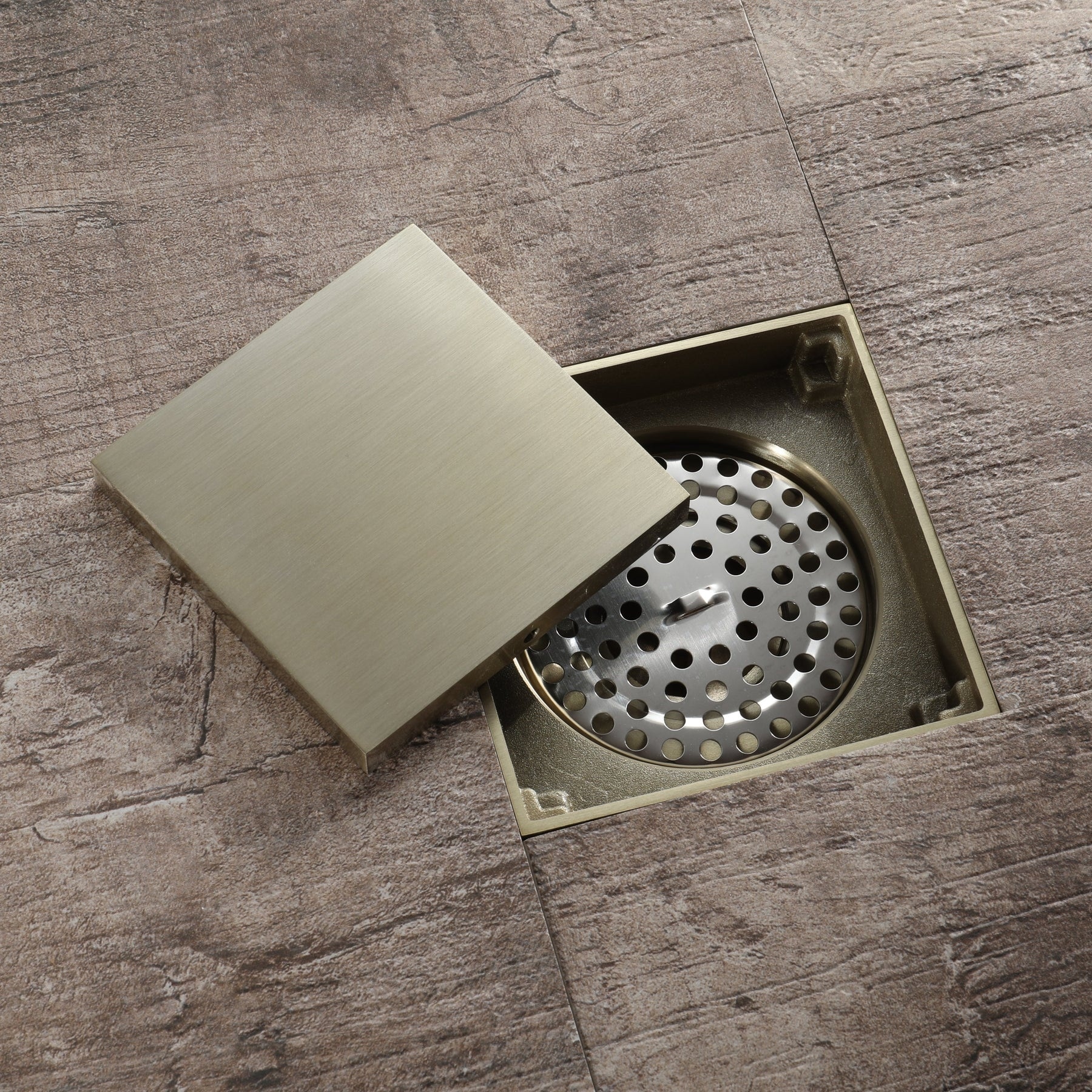 brushed gold 4 inch brass material shower drain with ABS base - 4 x 4