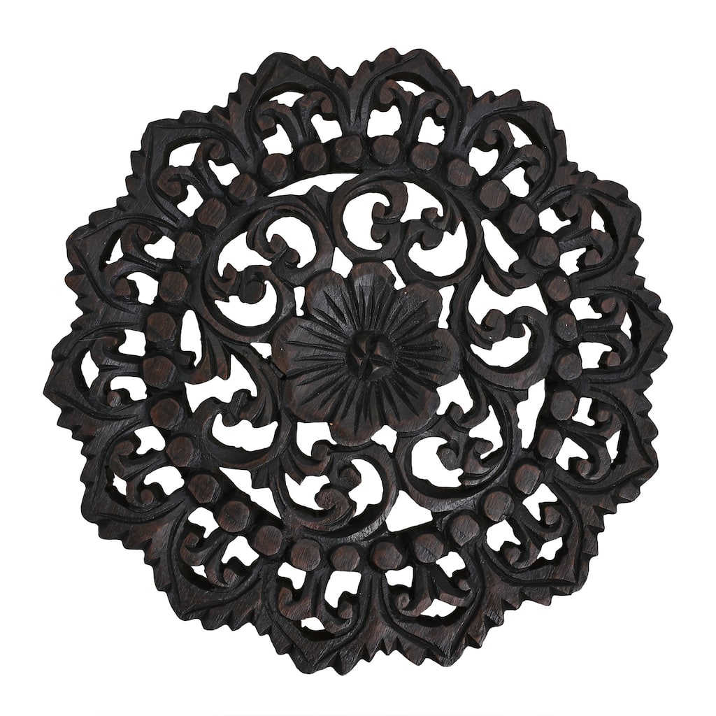 Handmade Vintage Floral Hand Carved Teak Wood Circle Wall Art-1FT (Thailand)