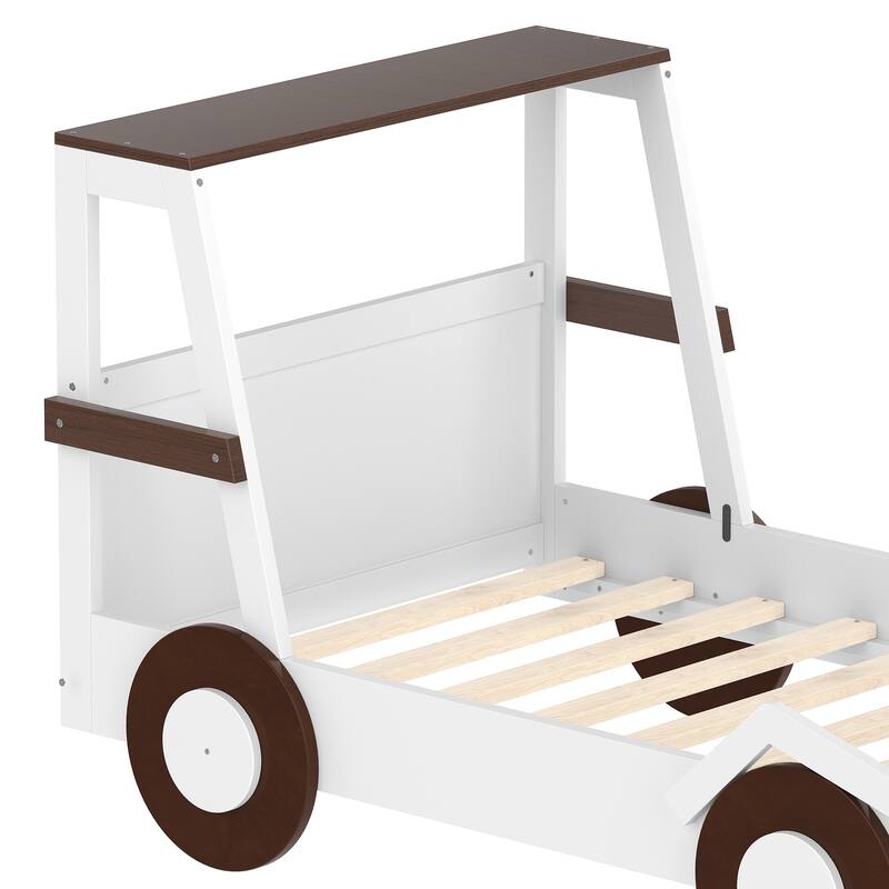 Low Platform Bed for Kids Car-shaped Bed Frame with Front Storage Shelves, Headboards and Wheels, No Box Spring Needed