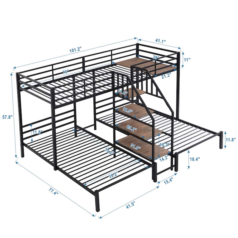 Metal Twin over Twin & Twin Bunk Bed with Storage Shelves Staircase, Triple Bunk Bed Frame, No Box Spring Needed for Kids