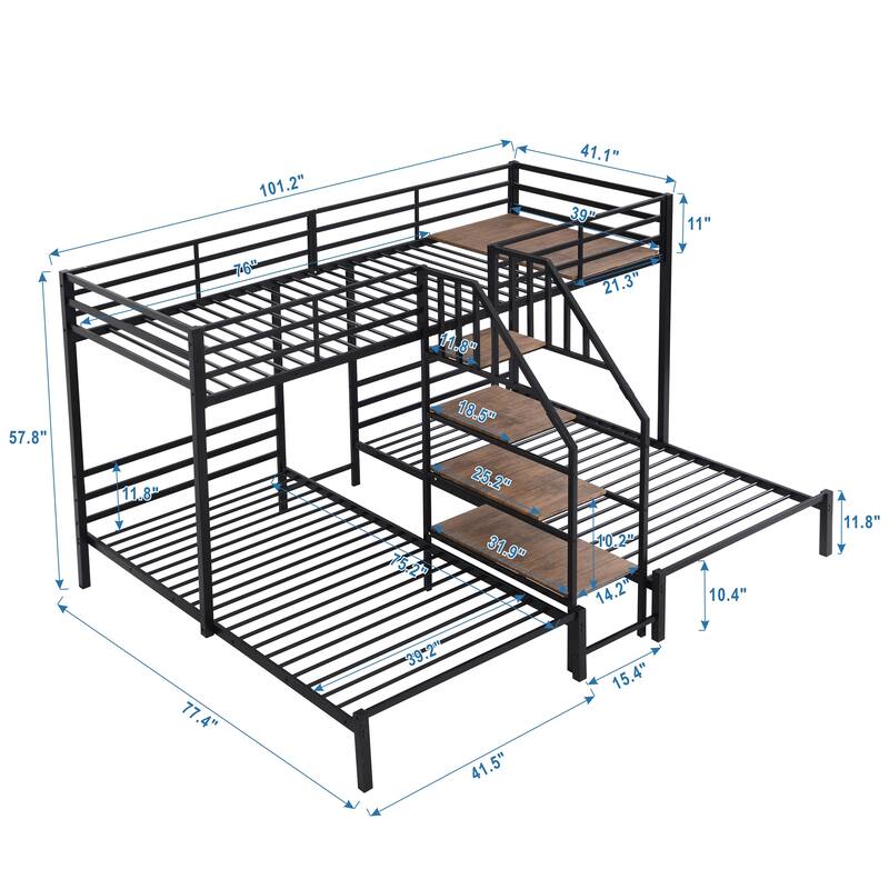Triple Bunk Bed for Kids, Metal Twin Over Twin & Twin Bunk Bed with Staircase and Storage Shelves, Space-Saving Design