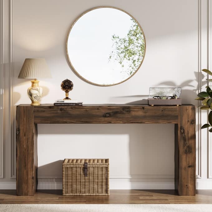 63-inch Solid Wood Console Table, Farmhouse Long Entryway Table - Dark Brown