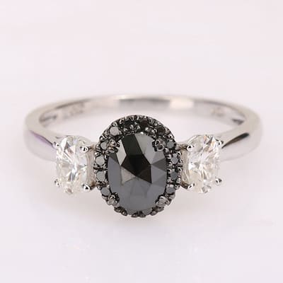 Miadora 10k White Gold 3/5ct TDW Black Diamond & Created Moissanite 3-Stone Halo Engagement Ring