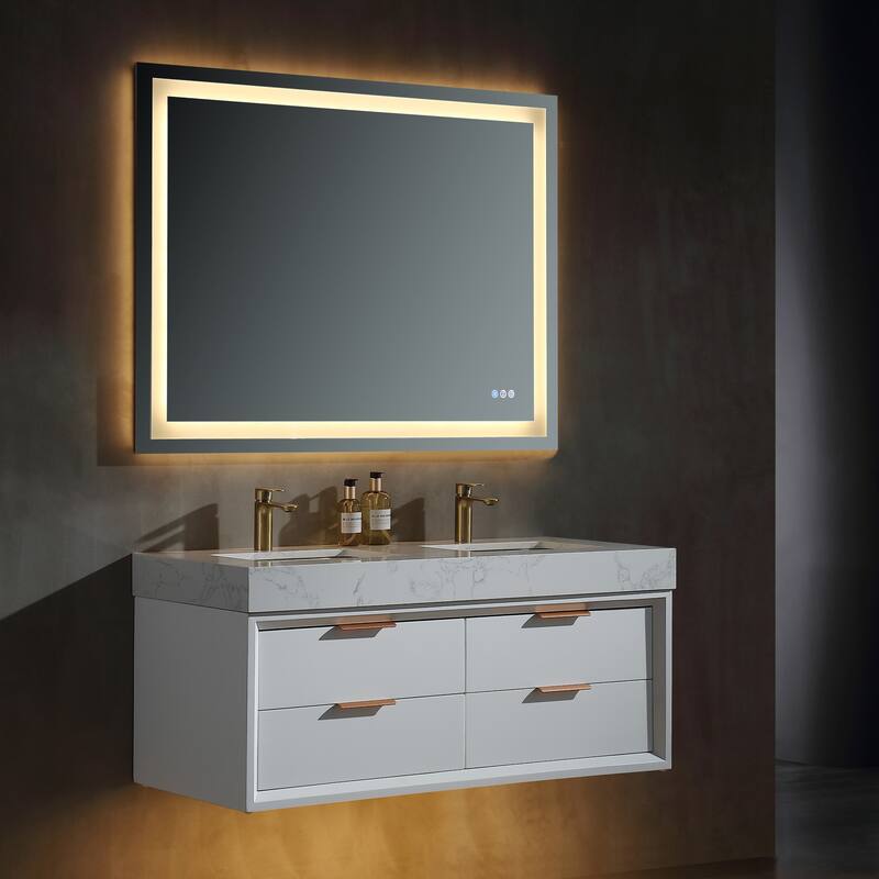 36/48/60 Modern Floating Bathroom Vanity with Sinle/Double Sink & Soft-Close Drawers & LED Lighting & Waterproof, White