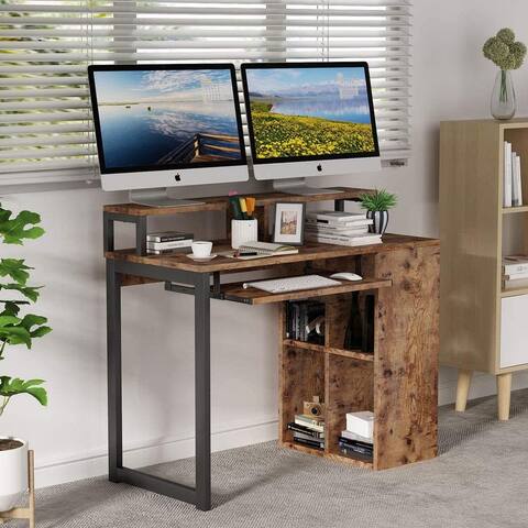 Computer Desk with Push-Pull Keyboard Tray and 4-Cube shelves