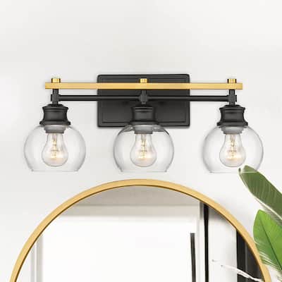 3-Light Modern Bathroom Vanity Light with Clear Globe Glass Shade,Black and Gold Finish