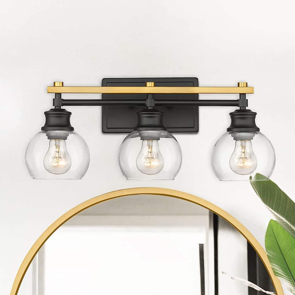 3-Light Modern Bathroom Vanity Light with Clear Globe Glass Shade,Black and Gold Finish