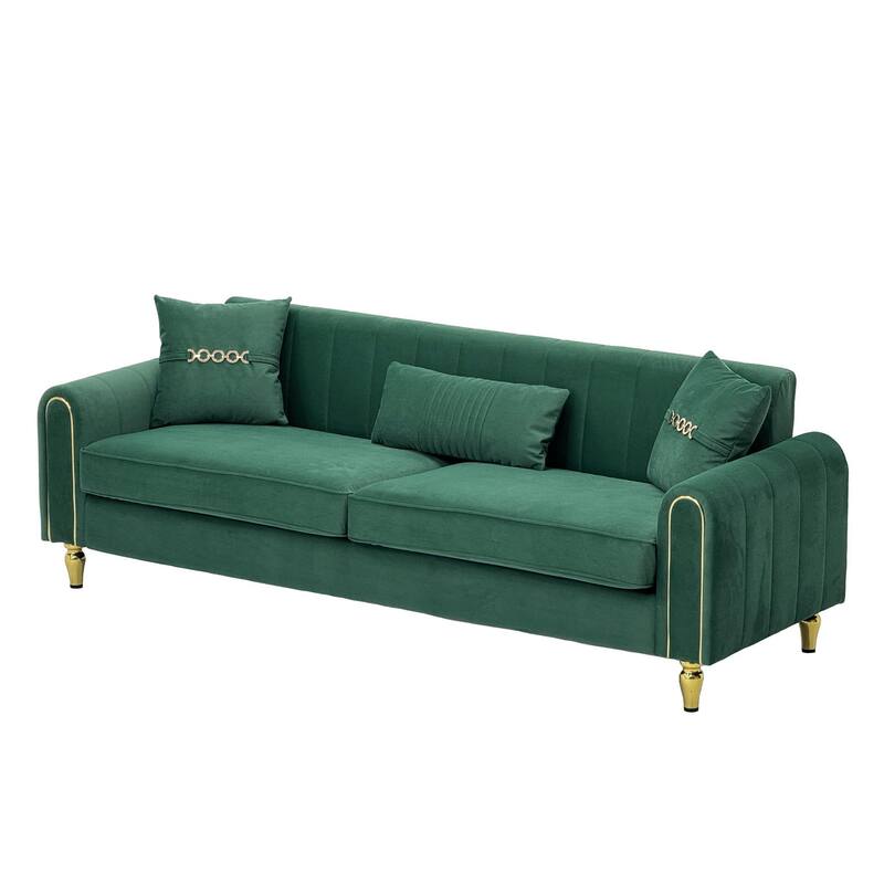 Roomfitters 87.4 Inch 3 Seater Elegant Modern Upholstered Sofa with Gold Metal Trim, Vertical Channel Tufted Back