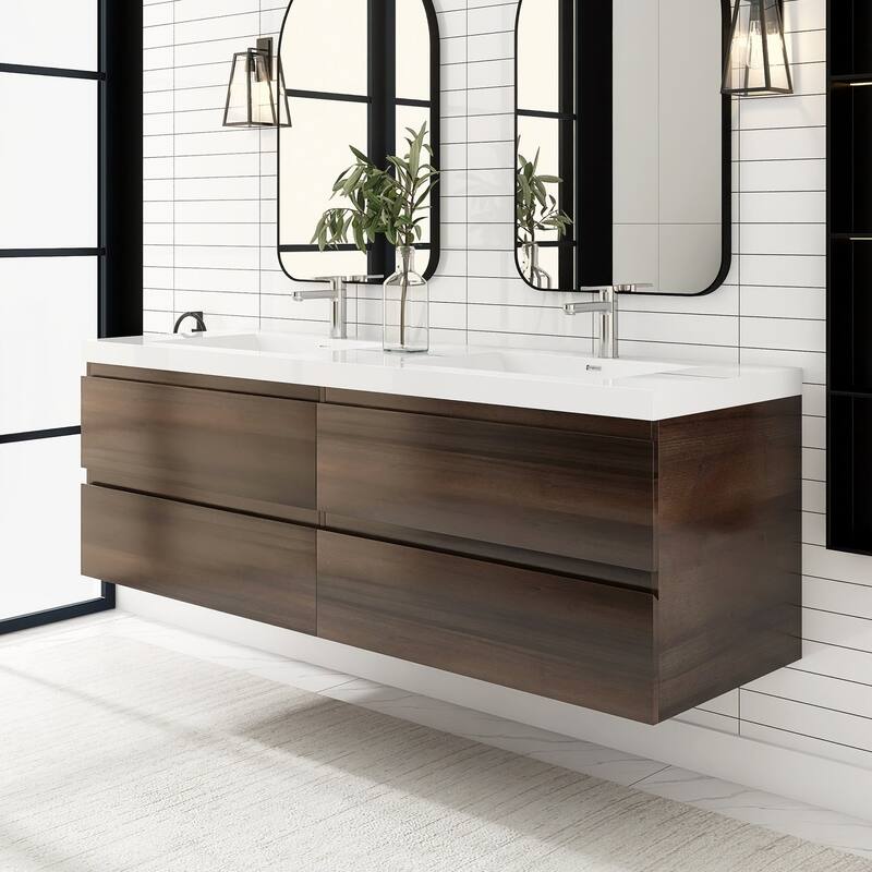 MDF Wall-Mounted Bathroom Vanity Set in Grey Oak with Integrated Culture Marble Sink