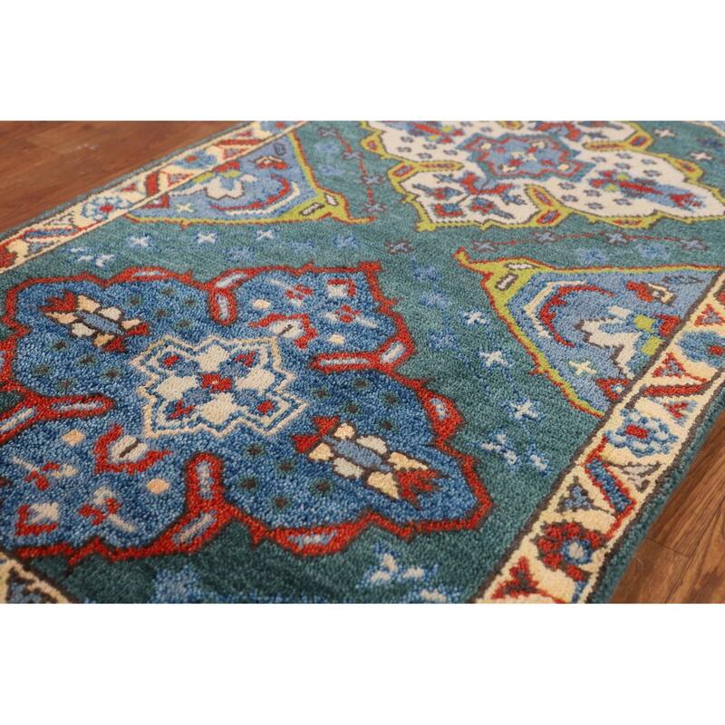 Green Geometric Kazak Oriental Runner Rug Hand-Knotted Wool Carpet - 2'6"x 9'10"