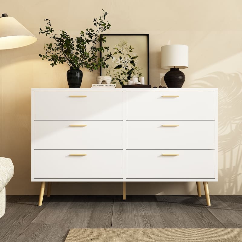 Modern 6-Drawer Dresser with Gold Legs and Handles, 47.2" Wide Mid-Century Bedroom Dresser Chest