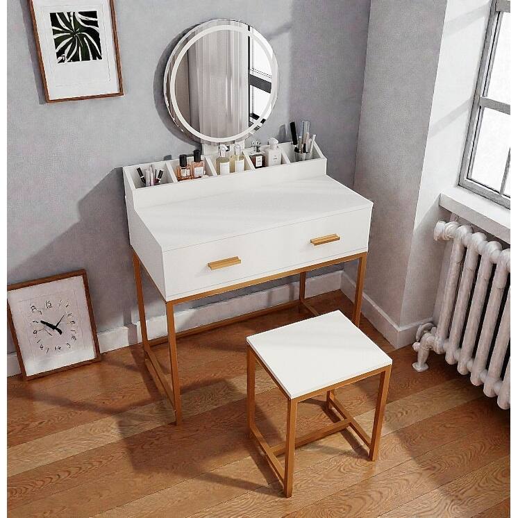 White & Gold Vanity Set with Mirror and Stool, Makeup Table with Drawers and Organizer, Compact Space-Saving Design