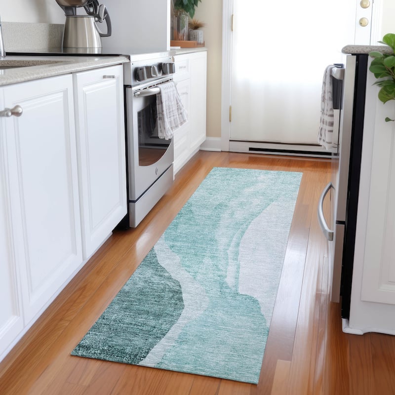Machine Washable Indoor/ Outdoor Chantille Modern Abstract Rug - Teal - 2'3" x 7'6"