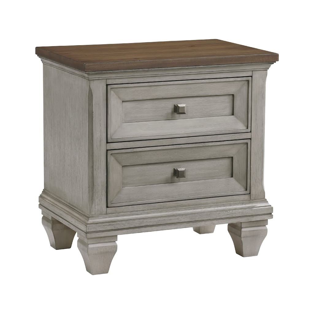 Giny Nightstand, 2 Drawers, Brown and Antique Gray Acacia Wood Top