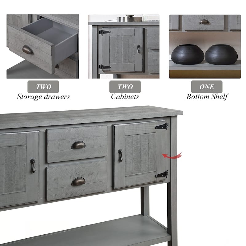 Solid Wood Sideboard Console Table with 2 Drawers and Cabinets and Bottom Shelf, Storage Dining Buffet Server Cabinet