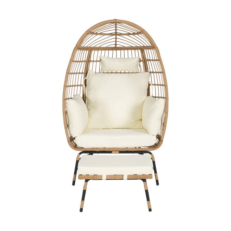 Wicker Egg Chair with Ottoman, Oversized Indoor Outdoor Lounger for Patio, Backyard, Living Room