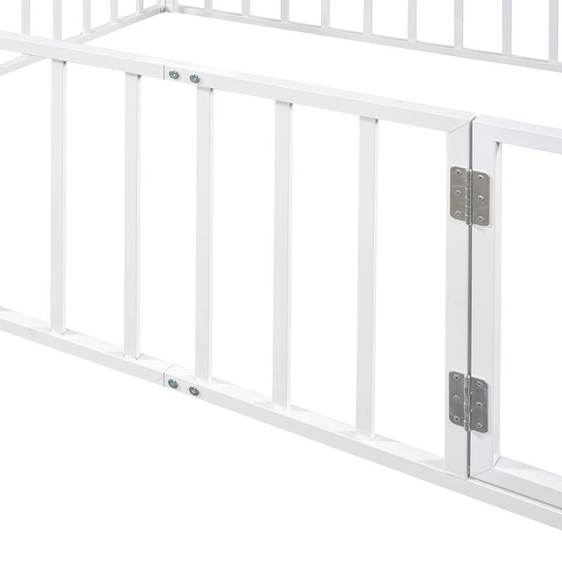 Queen Size Metal Floor Bed Frame with Fence & Door