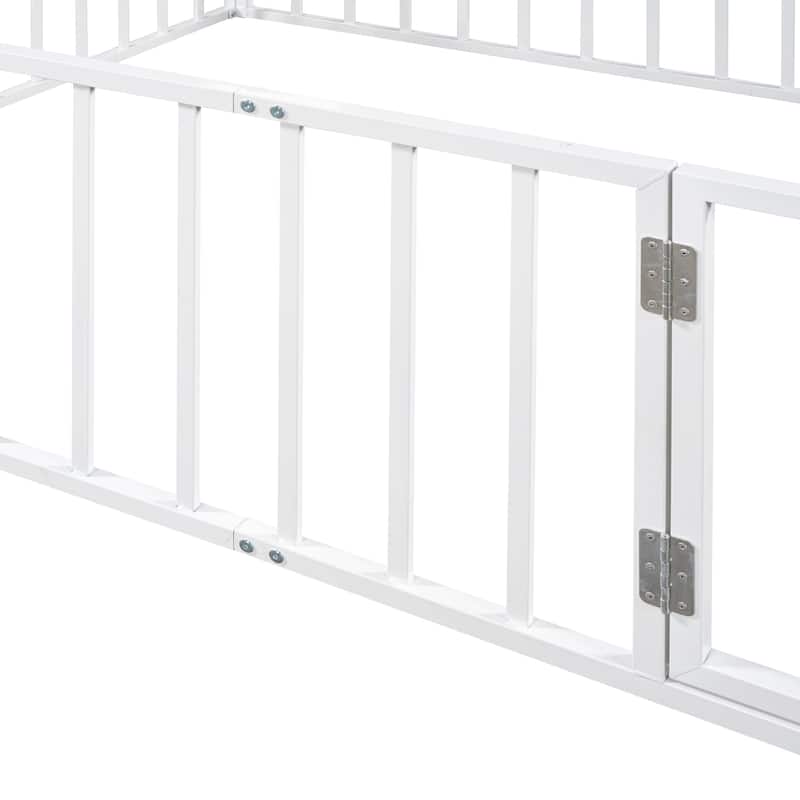 White Queen Size Metal Floor Bed Frame with Fence and Door for Kids