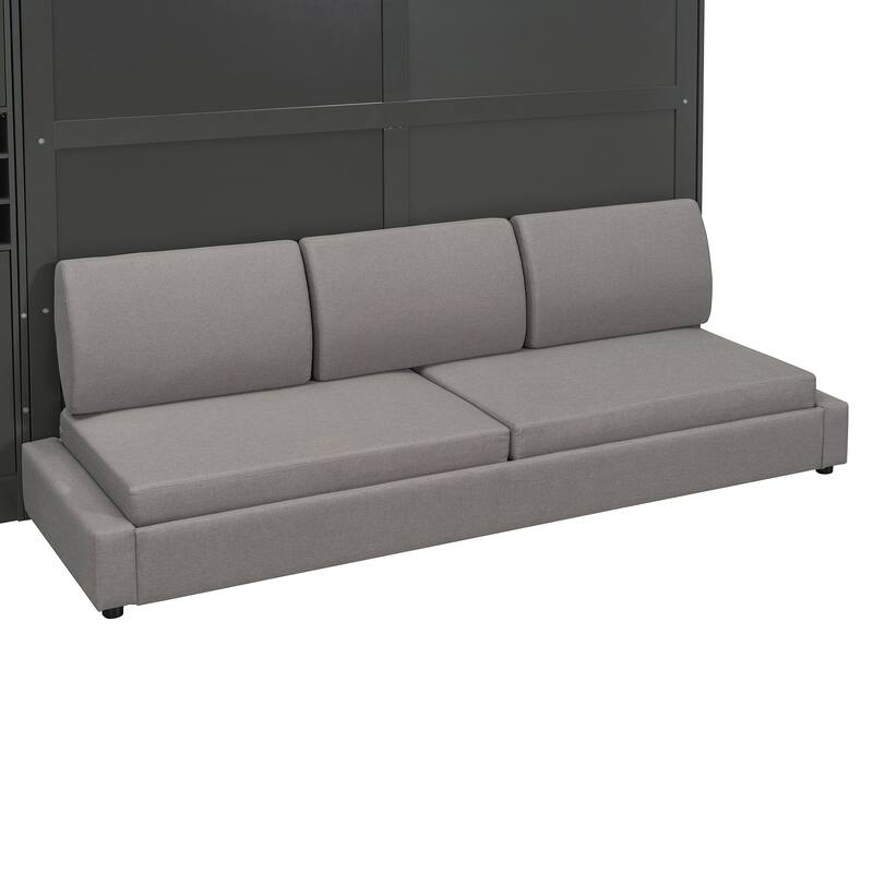 Foldable Murphy Bed Wall Bed with Queen Platform Bed and Sofa, Storage Bed with USB, Glass Door Cabinet, Wine Rack and Shelves