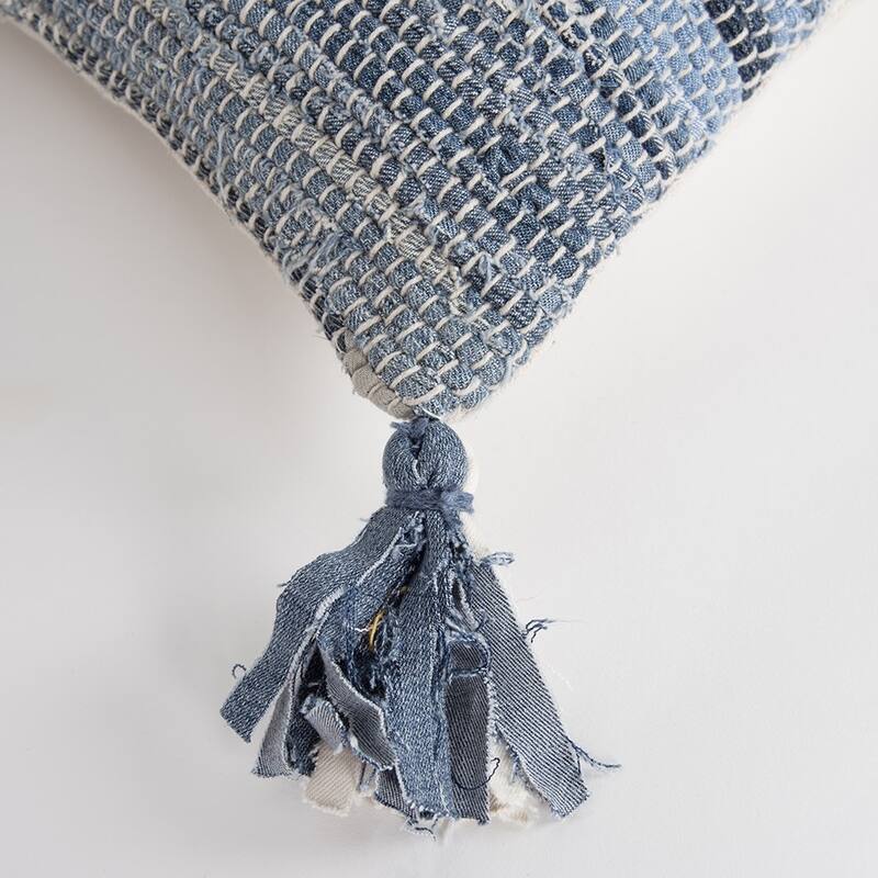 HomeRoots 14" X 26" Denim Blue And Ivory Cotton Throw Pillow with Tassels And Texture