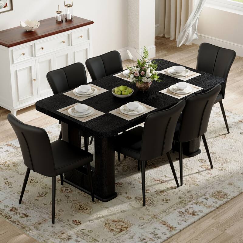 Dining Table Set for 6, Rectangular Dining Room Table Set for 6, Kitchen Table and 6 PU Chairs, 64" Wood Table Set with Textured