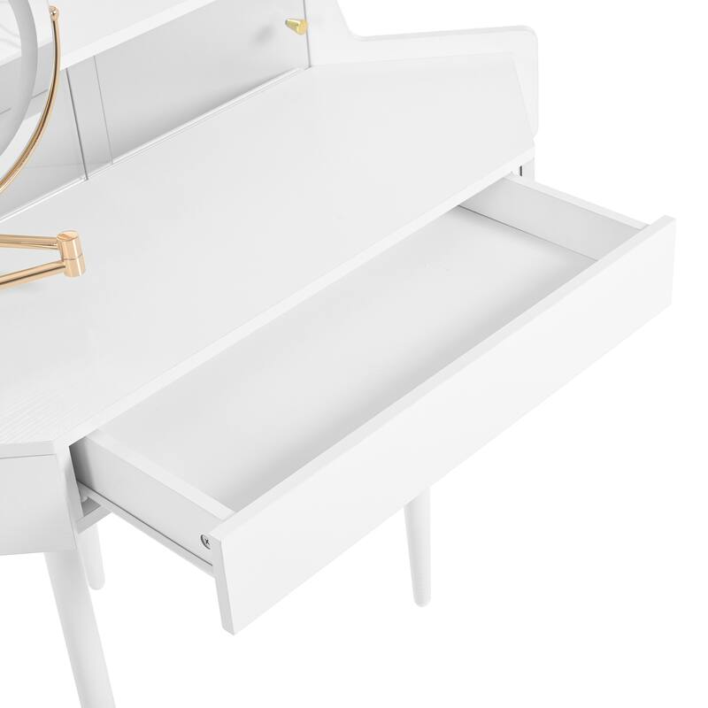 Modern Corner Makeup Vanity Desk with LED Light Mirror and Stool