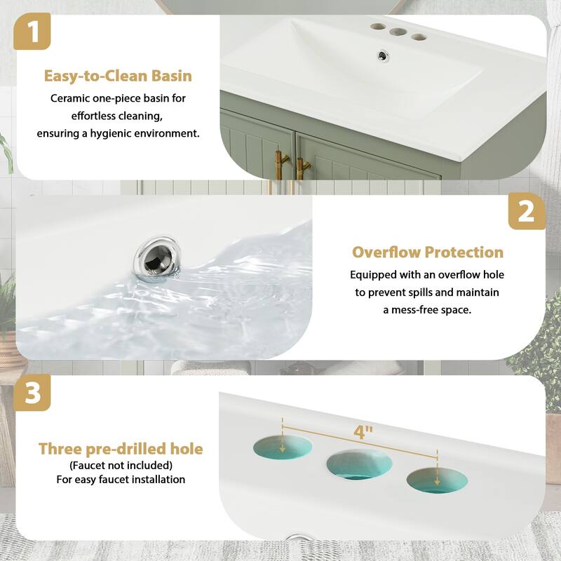 30" Freestanding Bathroom Vanity with Ceramic Sink, Gold Handles, Open Shelf, Soft-Close Doors, Small Space Design