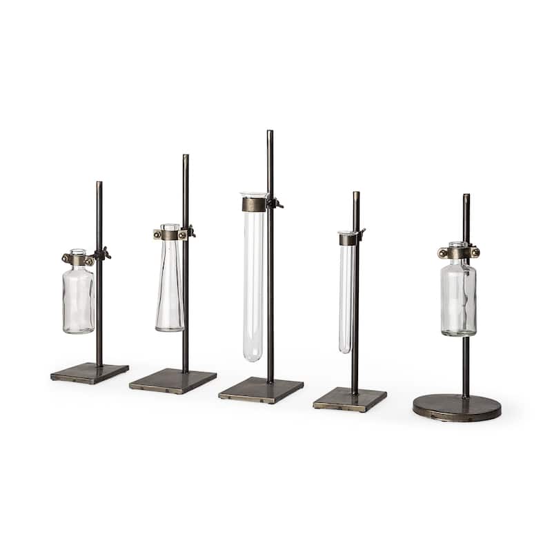 Set of Five Test Tube Vases with Metal Bases - 5" W x 13" H x 5" D - 5" W x 13" H x 5" D - Dark Brown