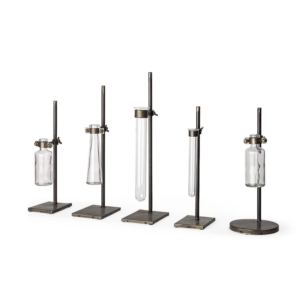 Set of Five Test Tube Vases with Metal Bases - 5" W x 13" H x 5" D