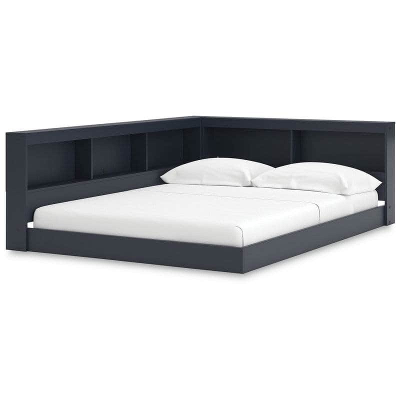 Corner Bookcase Platform Floor Bed with USB Charging Ports Engineered Wood Storage Headboard - Twin