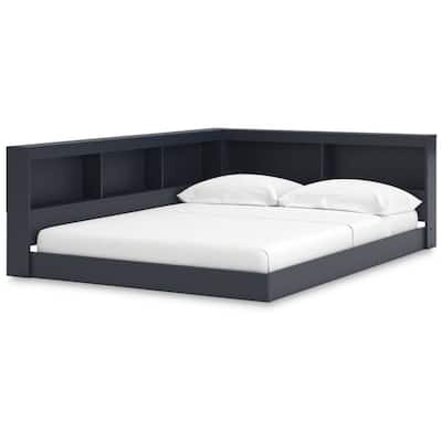 Corner Bookcase Platform Floor Bed with USB Charging Ports Engineered Wood Storage Headboard
