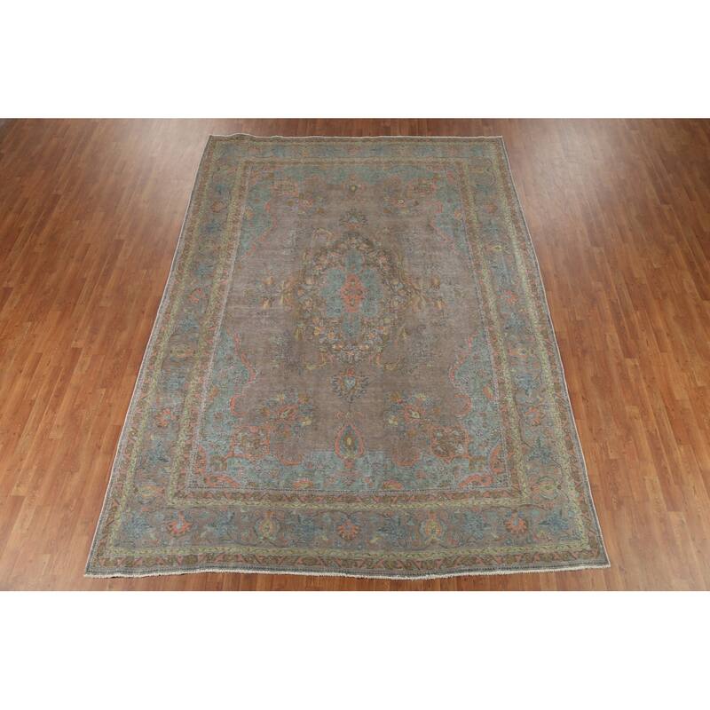 Distressed Gray Tabriz Persian Vintage Area Rug Handmade Wool Carpet - 8'8"x 12'0"