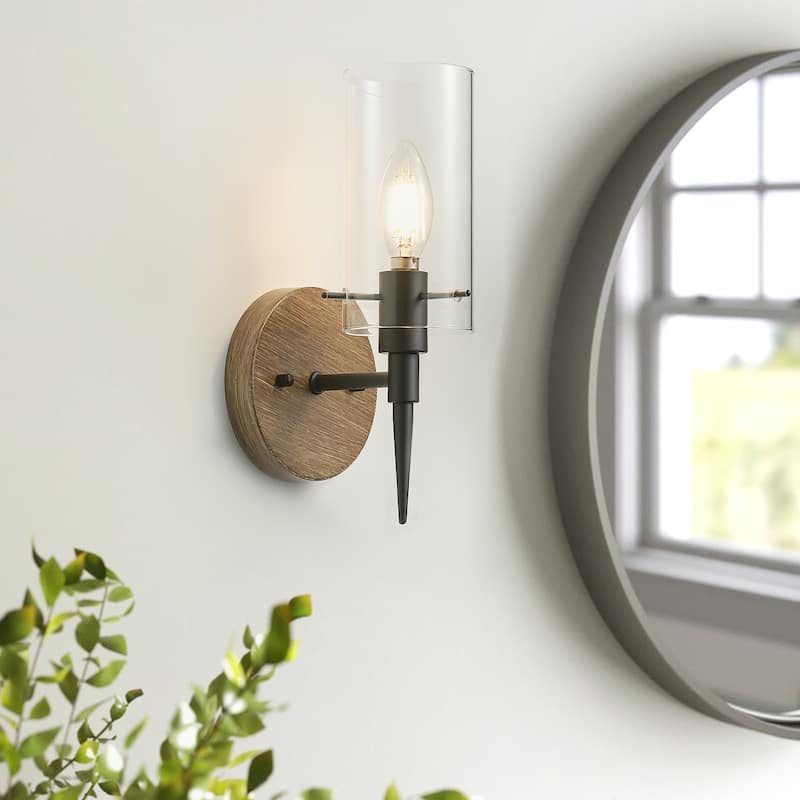 Farmhouse Matte Black 1-Light Candle Wall Sconce with Cylinder Glass Shades