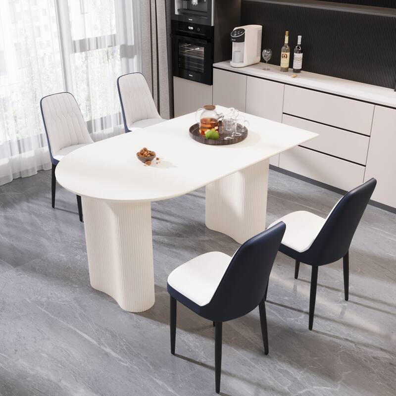 5-Piece Dining Cream MDF Table and 4 Ergonomic PU Chairs Set with for Dinners and Gatherings