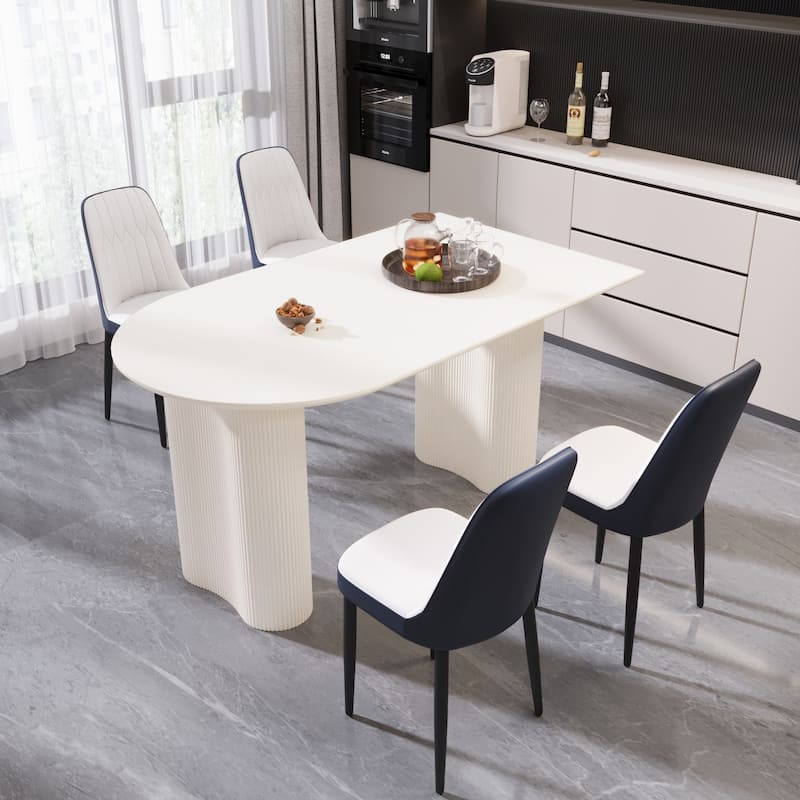Industrial Dining Table Set with 4 PU Leather Blue Ergonomic Chairs - Blue Cream White