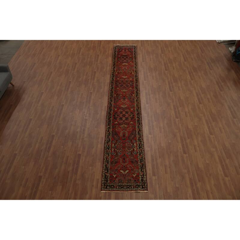 Hand Knotted Oriental 100% Wool Carpet Traditional Floral Oranges & Rust Hamedan Runner Rug - 17' 9'' X 2' 9''