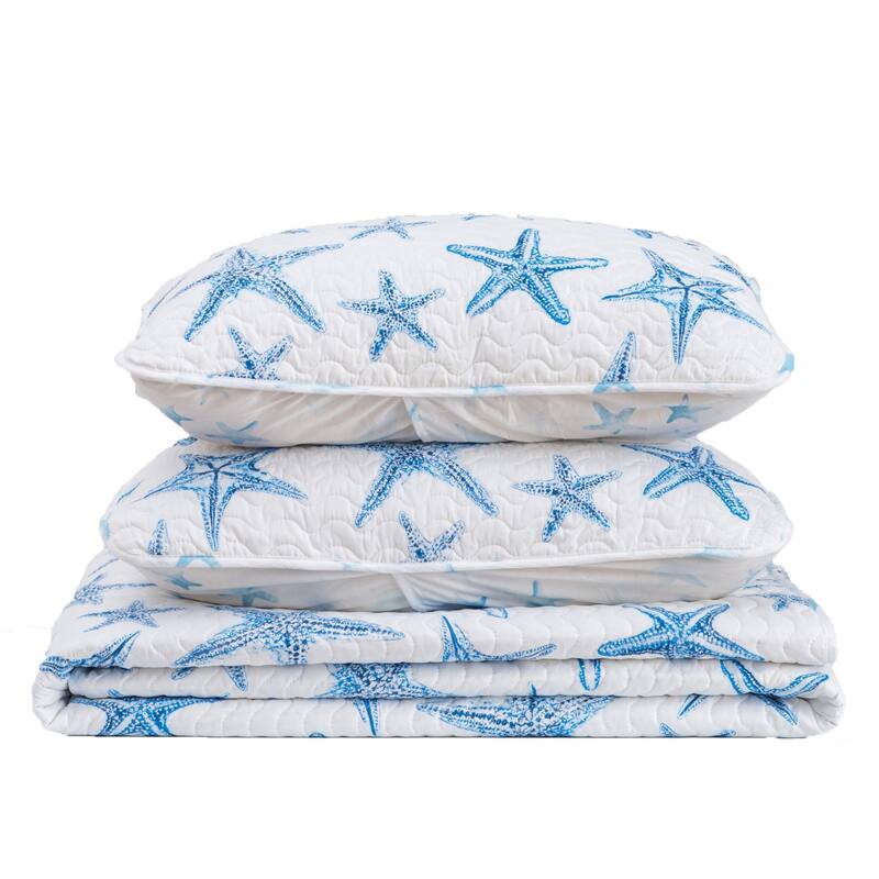 Premium Blue Starfish Microfiber Quilt Set With Shams