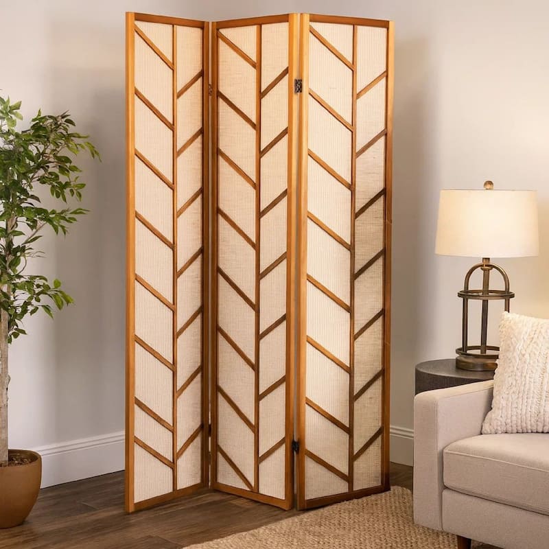 3 Panel Screen with Jute Linen Fabric and Wooden Frame, Brown and Beige