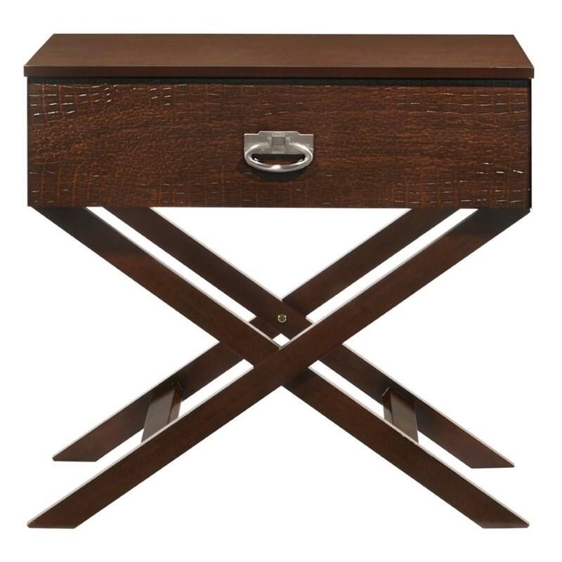 Cappuccino Brown Wooden End Table Nightstand with X Legs and 1 Drawer - 25”H x 27”W x 16”D