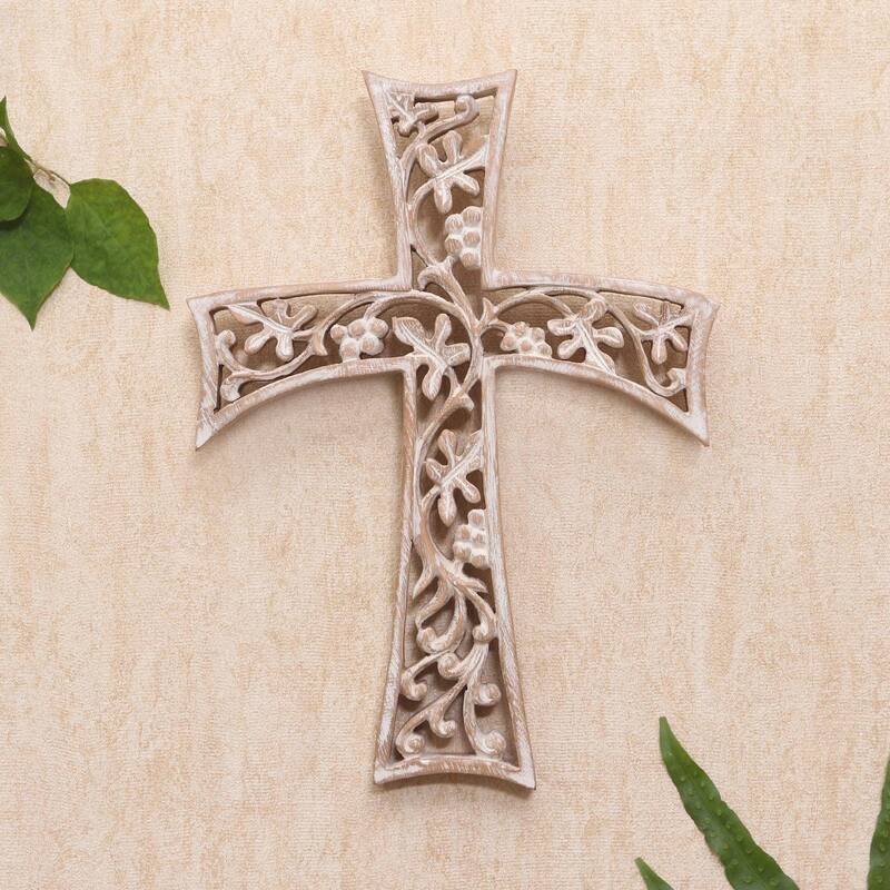 Novica Handmade Grape Leaf Cross Wood Wall Cross