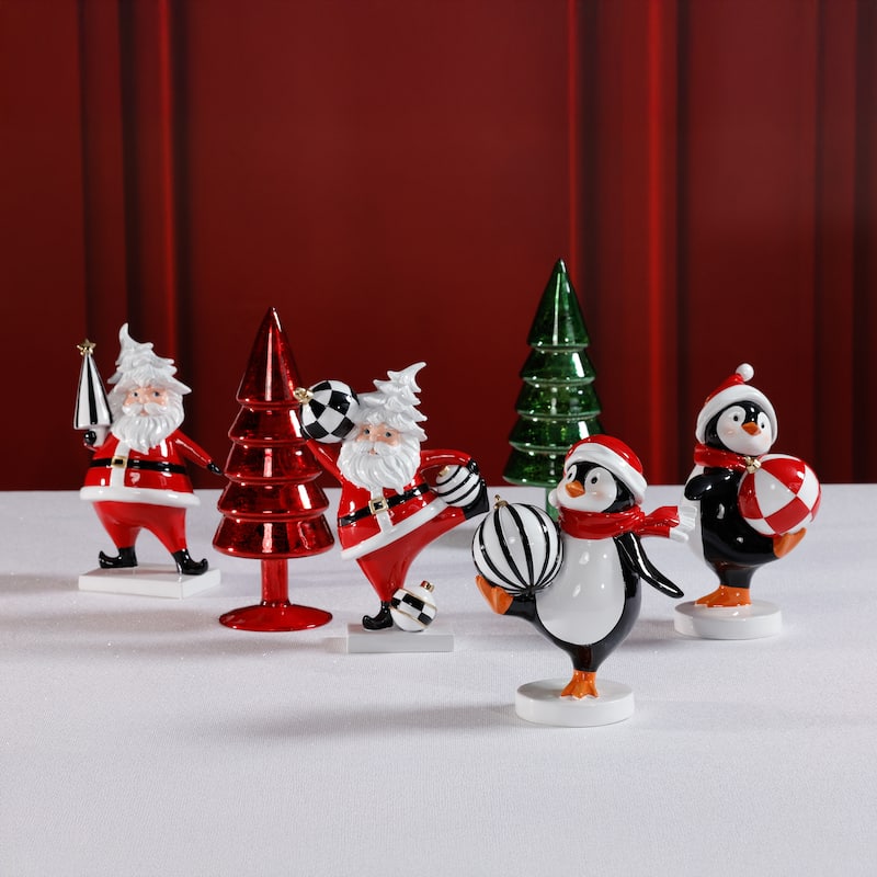Festive Four Santa & Penguin Figurines, Set of 4, Holiday Decoration, 7" Tall - Red, White, Black