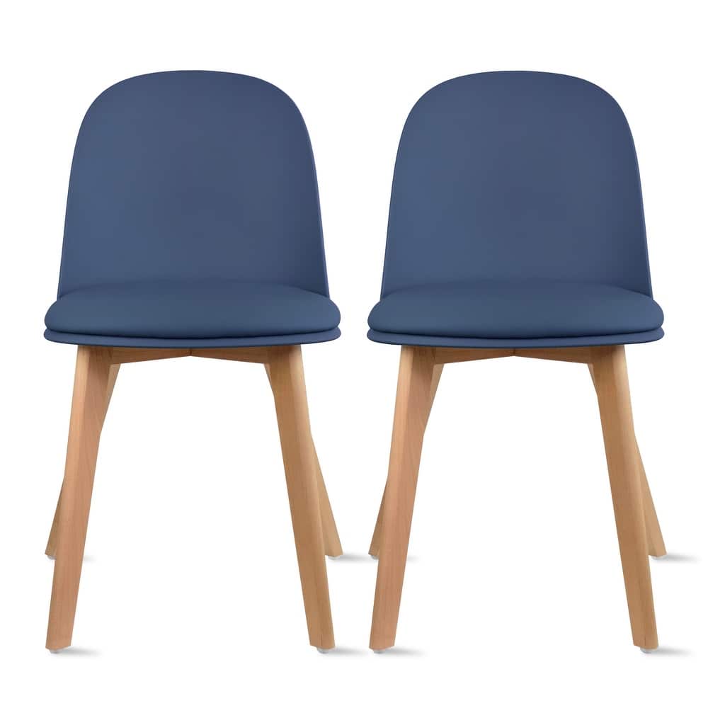 Set of 2 Plastic Dining Chairs Padded Cushion Faux Leather Wooden Legs For Kitchen Waiting Room Outdoor Party