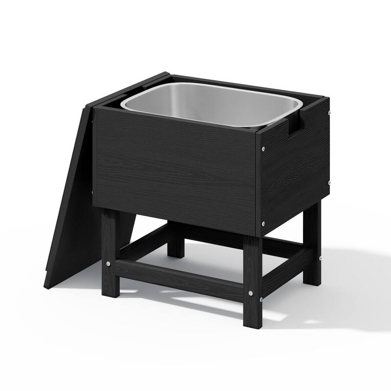 Outdoor Patio Weather Resistant HDPE Coffee & Side Table, Build-in Stainless Steel Cooler Bucket - Black