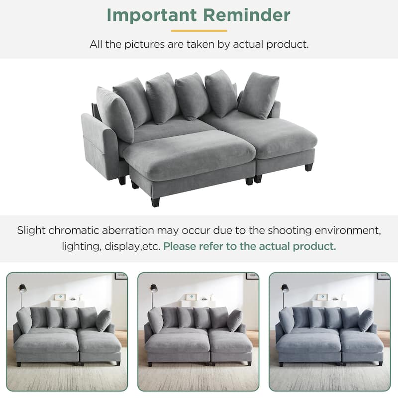 83" L-Shaped Sectional Sofa with Storage Seats Movable Ottoman Curved Armrests Chenille Couch with 6 Pillows