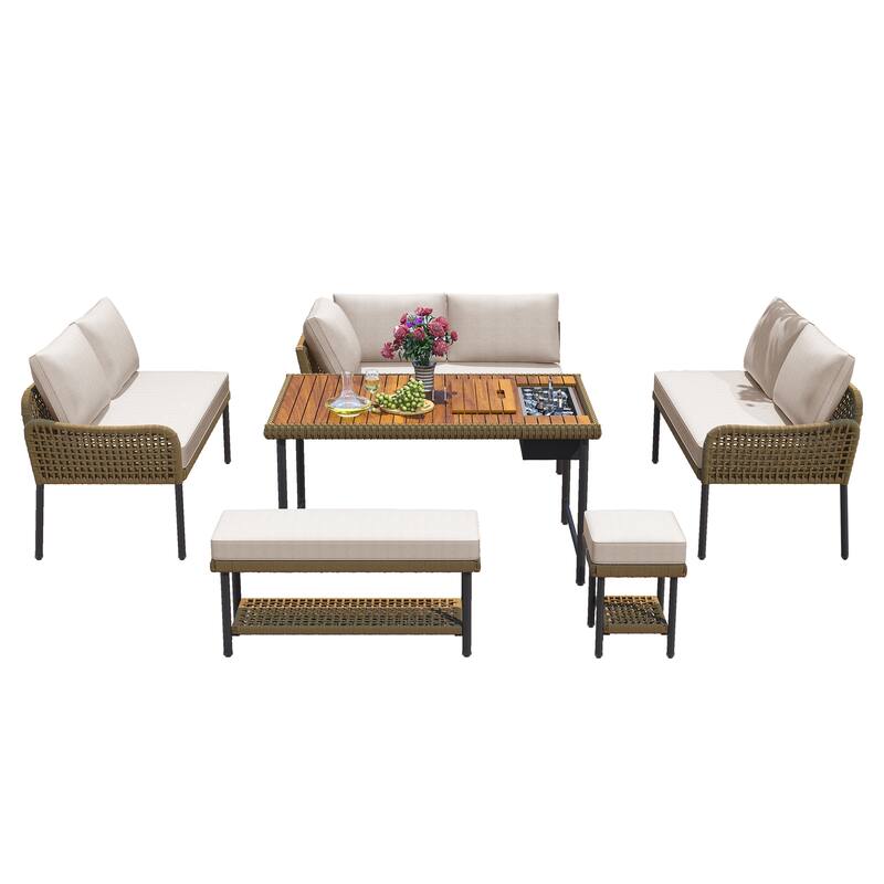 6-Piece Rope Patio L-Shaped Sectional with Acacia Table & Ice Box, Benches & Conversation Set with Thick Cushion