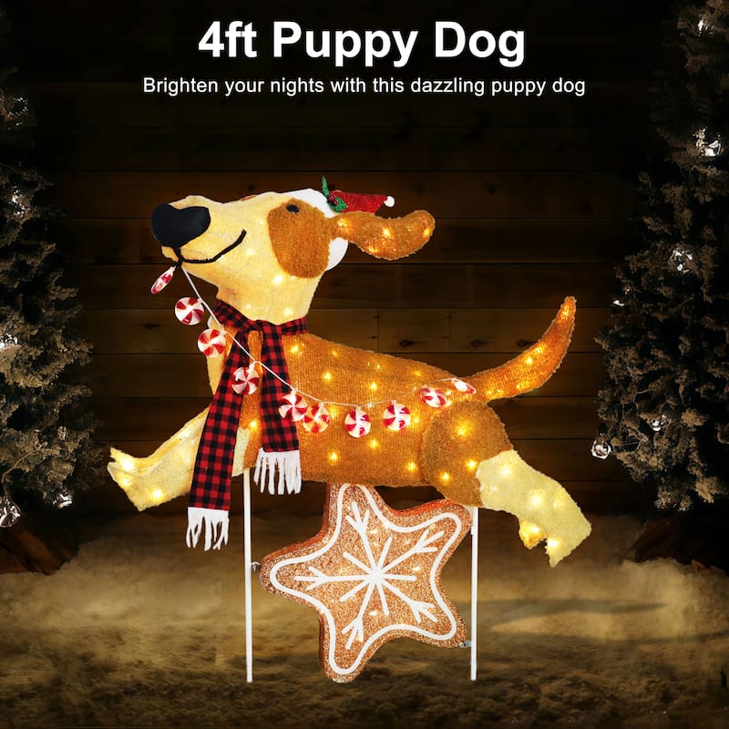 Puleo International 4' Pre-Lit Outdoor Puppy Christmas Holiday Decor with 144 Warm White Twinkling LED Lights - Brown