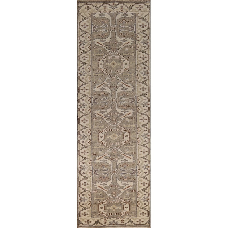 Hand Knotted Oriental 100% Wool Carpet Transitional All-Over Greys & Charcoal Oushak Runner Rug - 11' 9'' X 2' 8''