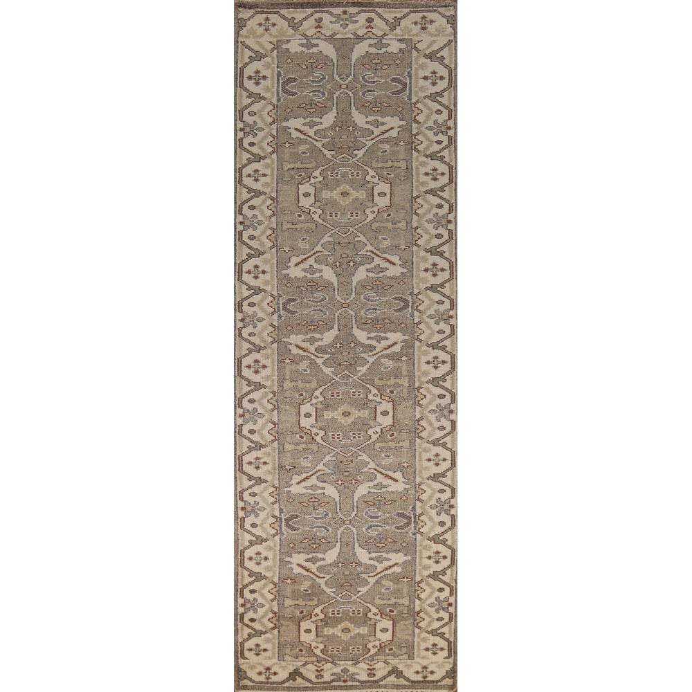 Hand Knotted Oriental 100% Wool Carpet Transitional All-Over Greys & Charcoal Oushak Runner Rug - 11' 9'' X 2' 8''