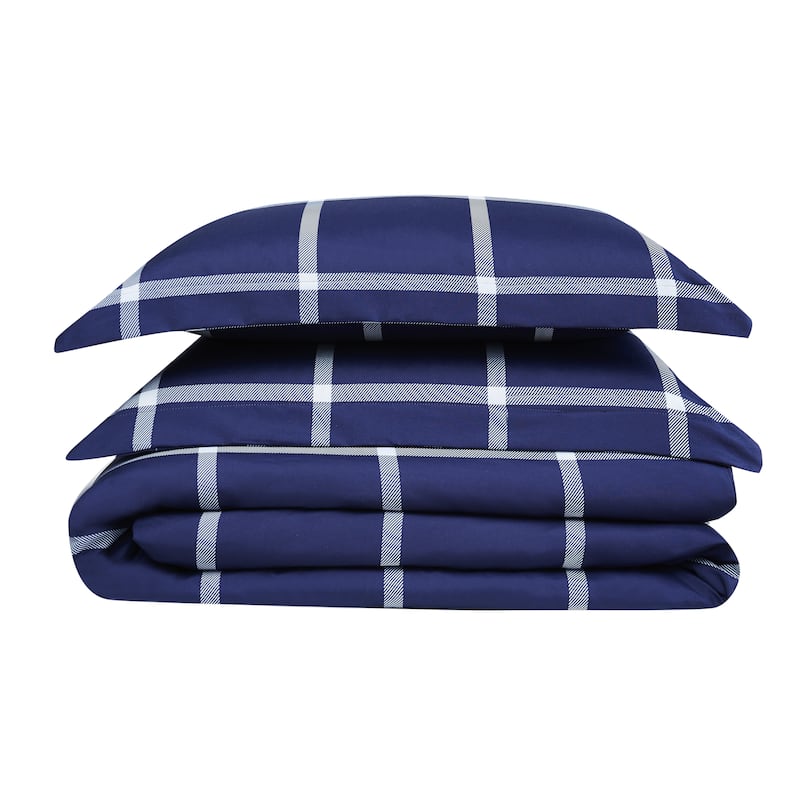 Truly Soft Printed Windowpane Duvet Cover Set - White/Navy - King