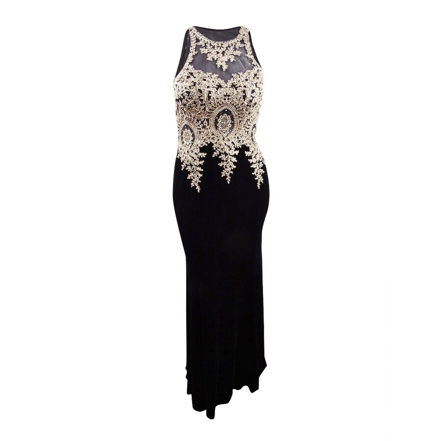 xscape plus size embroidered illusion gown